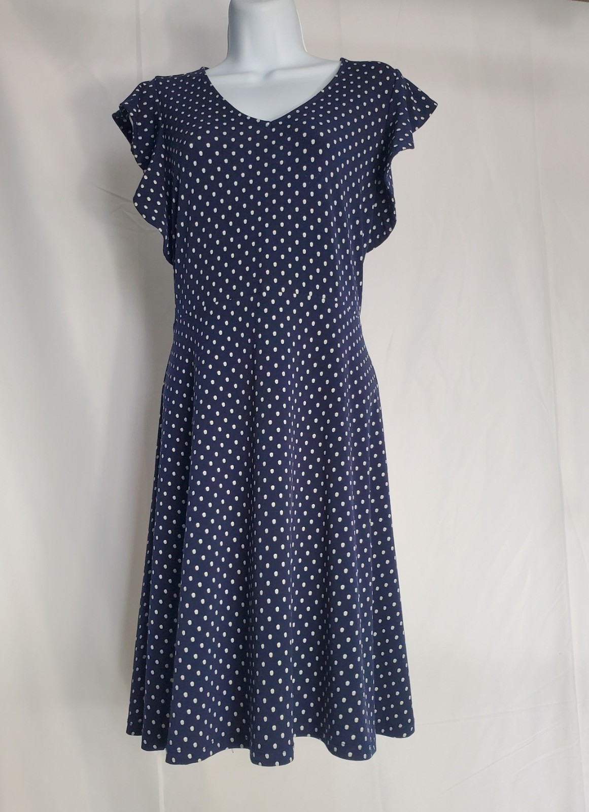Ann Taylor Factory Petite Polka Dot Dress MP Navy White Flutter Sleeve Dress