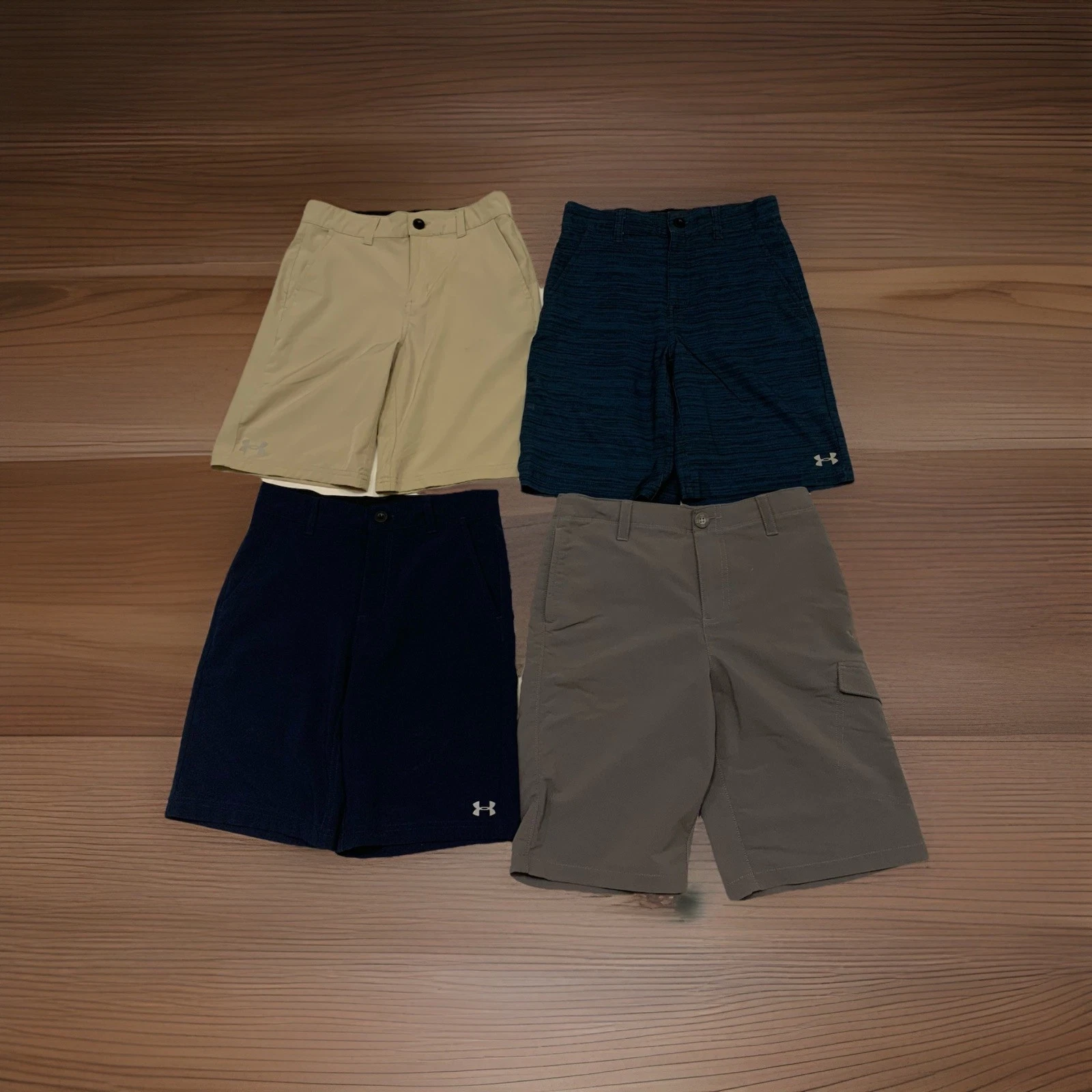 Under Armour Shorts Lot of 4~Boy's Size M 10~Navy Blue, Beige, Gray, Teal/Black