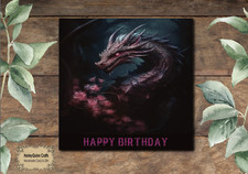 DRA 036  Dragon Birthday Card Fantasy Purple Dragon & Flowers  14.5cm