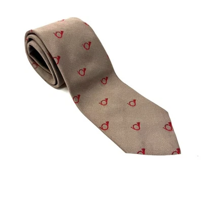 Kenneth Gordon 100% Silk Club Tie Men's Tan Red French Horn Motif Hand Sewn - Image 1 of 4