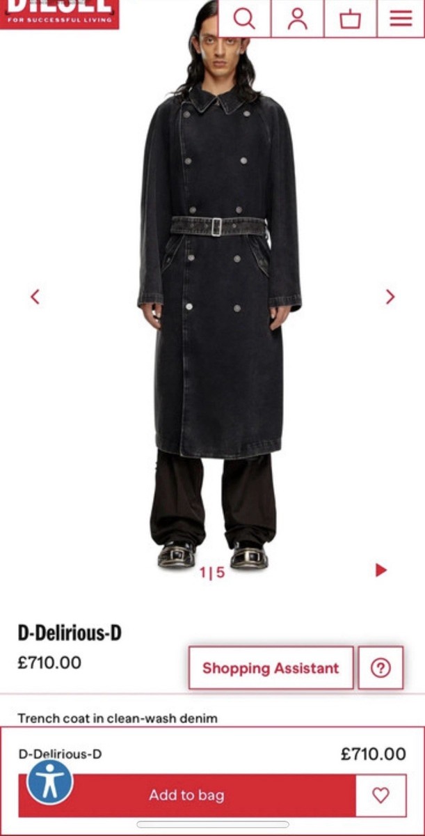 Diesel Men's Washed Denim Black/grey D-delirious Trench Coat