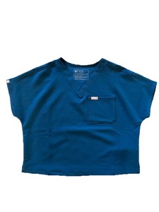 Figs Arua Cropped V-Neck Pocket Scrub Top Womens XS Blue Oversized