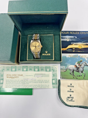 ROLEX MENS DATEJUST 16233 18K CHAMPAGNE DIAL TWO TONE WATCH BOX AND PAPER