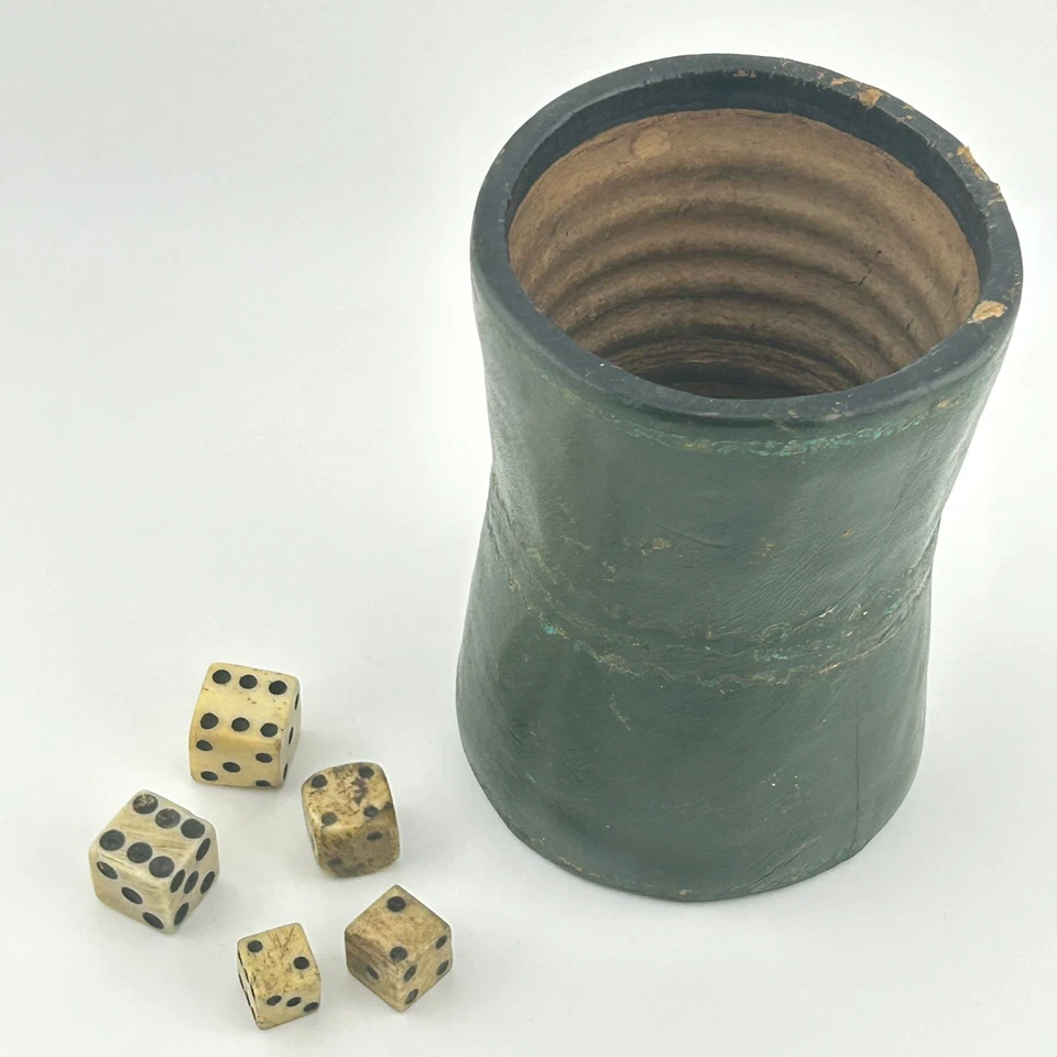 Antique Papier Mache & Leather Dice Shaker Cup and 5 x Old Hand Carved Dice - Image 2 of 4