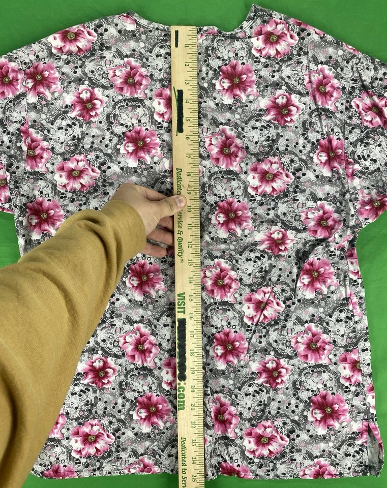 XS Pink Floral Design with Black and White Pattern Crest Scrub Top - Image 4 of 4