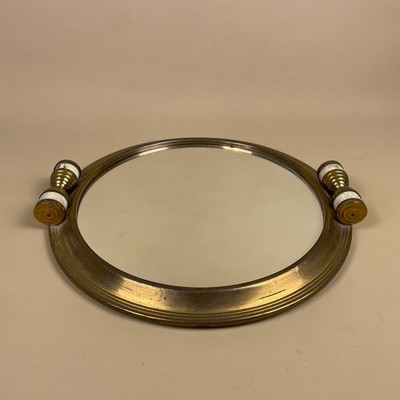 Vintage Kosmetik Tablett Spiegel rund Art Deco Stil creme Borte Griffe Ankleidezimmer