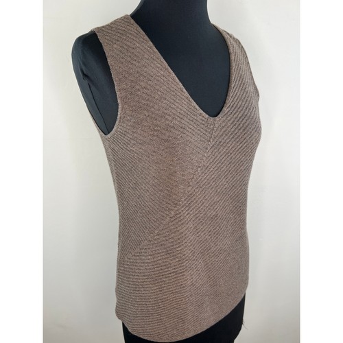 Eileen Fisher 100% Wool Brown Rib Knit Round V Neck Sleeveless Top Tank S Small - 第 4/7 張圖片