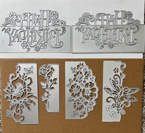 Happy Birthday Floral metal die cut Flowers Bird Dragonfly Rose LOT of 6 dies