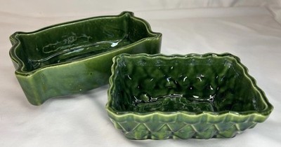 Vintage Set 2 UPCO USA Green Glazed Ceramic Succulent Planters 6  & 7.5 