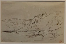 Pen Drawing by Paul Huet (1803-1869): Lake and Mountain