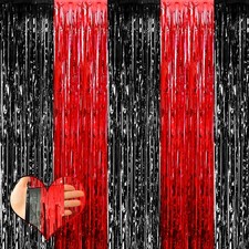 4 Pack 3.2Ft x 9.8Ft Black Red Fringe Curtain Backdrop, Metallic Tinsel Foil ...