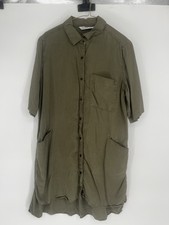 Zara Button Down Shirt Dress Army Green High Low Long Sleeve Size L