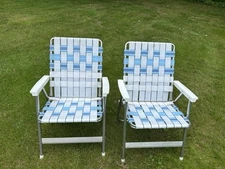 2 HIGH BACK FOLDING ALUMINUM WEBBED LAWN CHAIRS BL/WH STRIPES PLASTIC ARMS