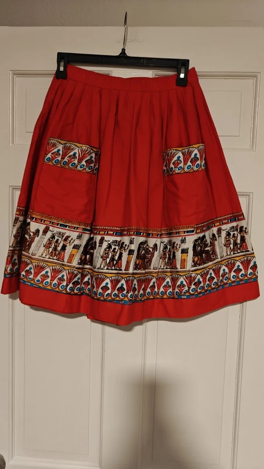 Falda Plisada Novedad Años 50 Rojo Motivo Egipcio Pequeña Foto 2 de 4