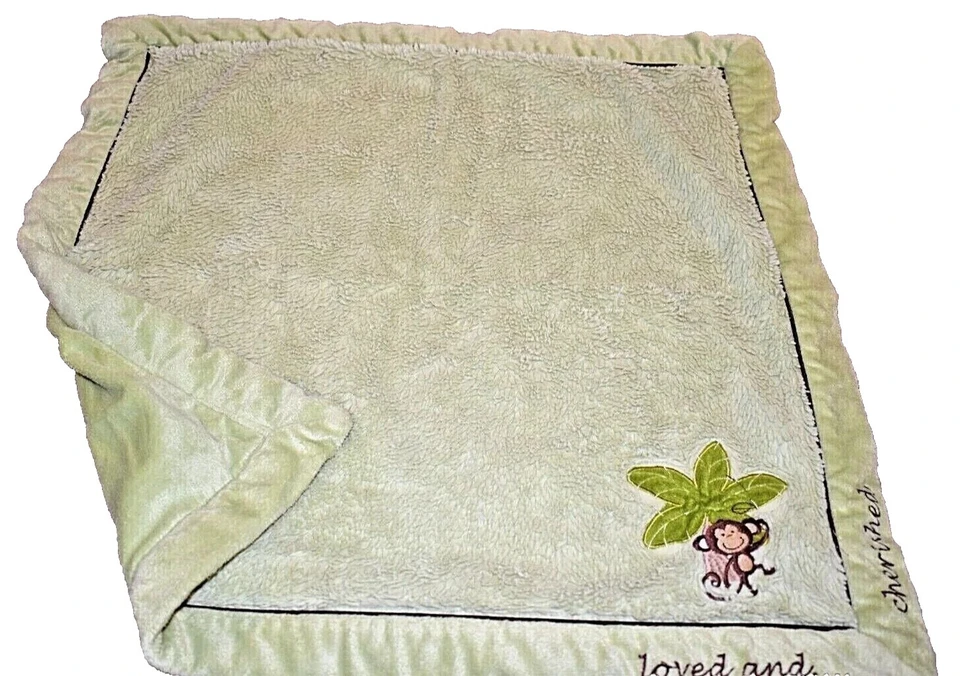 8S NOJO Loved and Cherished Monkey Green Plush Velour Faux Fur Baby Crib Blanket - Image 4 of 4