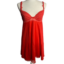 Vintage 80s Lace Chiffon Nightgown Lingerie 36 Red Adjustable Straps