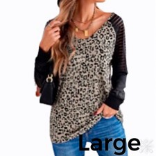 New Leopard Print Top Size Large Black Sheer Mesh Long Sleeve Arms