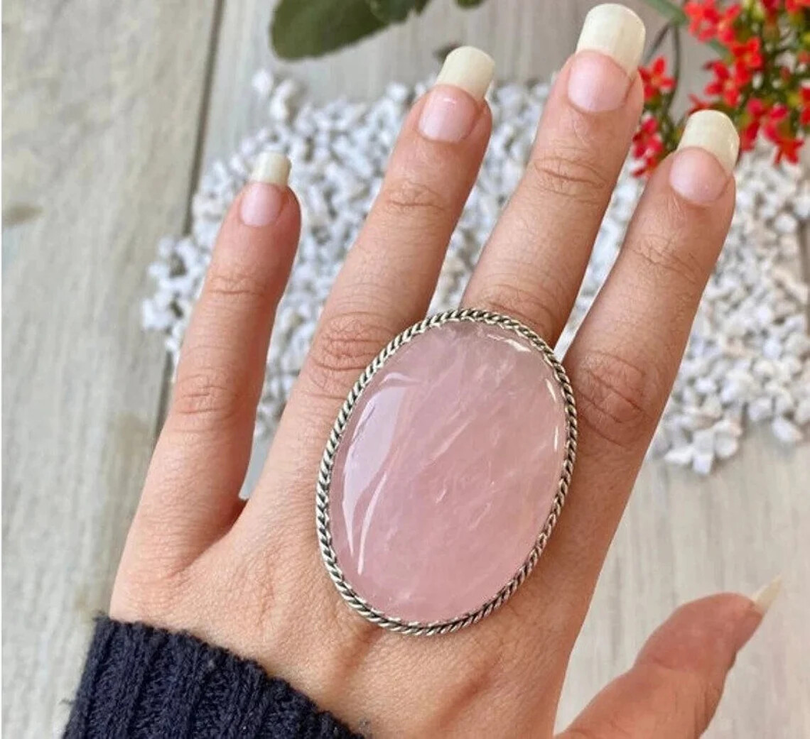 Valentine's Day Rose Quartz Gemstone 925 Sterling Silver Handmade Ring All  Size
