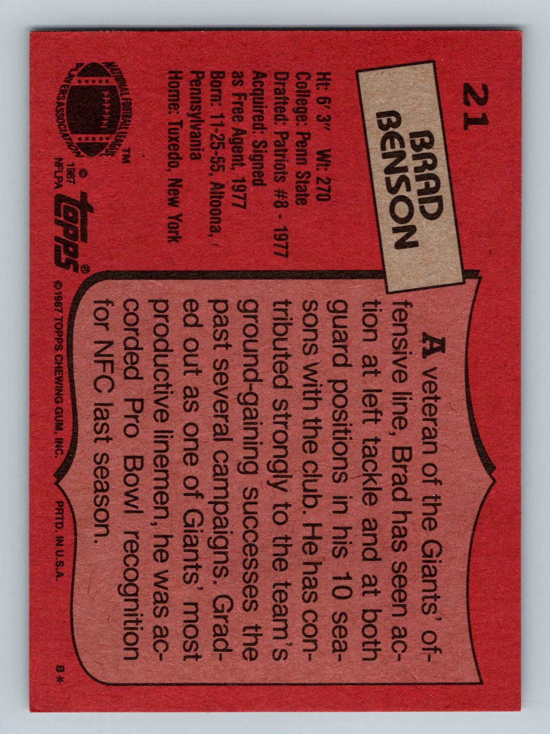 1987 Topps 21 Brad Benson New York Giants eBay