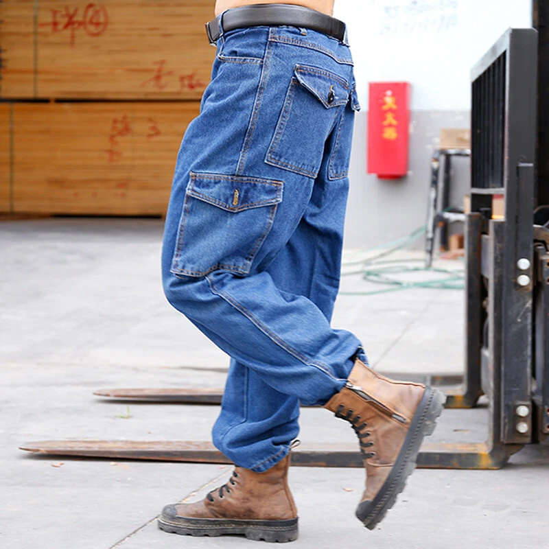 Men Cargo Jeans Heavy Duty Work Denim Pants Combat Straight Trousers Casual  Blue