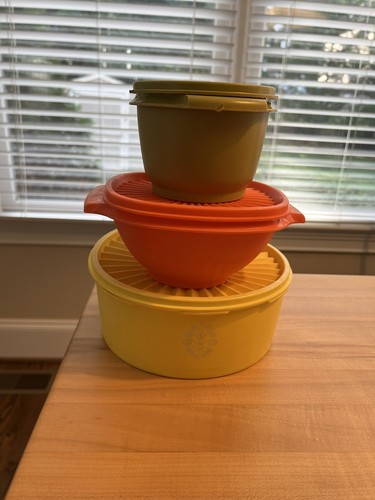 3 Vintage Tupperware Yellow, Orange, Green