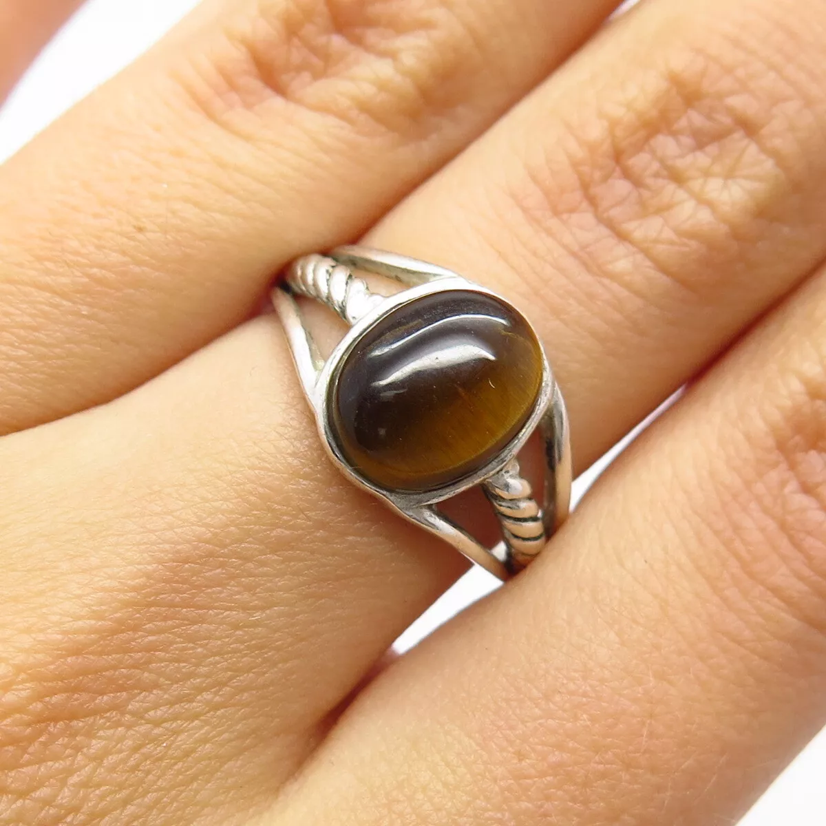 925 Sterling Silver Vintage Real Tiger Eye Gemstone Ring Size 6.25