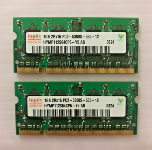 (LOTTO X2) Hynix 1 GB SODIMM 2Rx16 PC2-5300S HYMP112S64CP6-Y5 AB RAM computer portatile - Foto 1 di 1