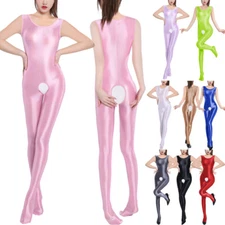 Women's One Piece Glossy Bodystocking Sleeveless Bodysuit Crotchless Jumpsuit XL