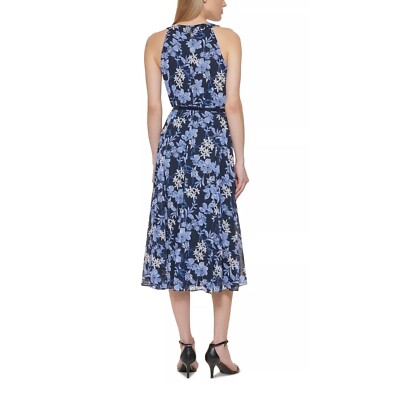 tommy hilfiger belted halter midi dress Floral Print Sheer Neckline Blue 12P Maxi dress