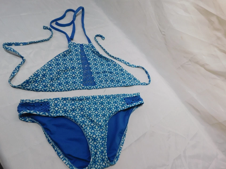 Biquíni Mossimo feminino júnior tamanho pequeno azul gravata pescoço halter duas peças - Imagem 3 de 4