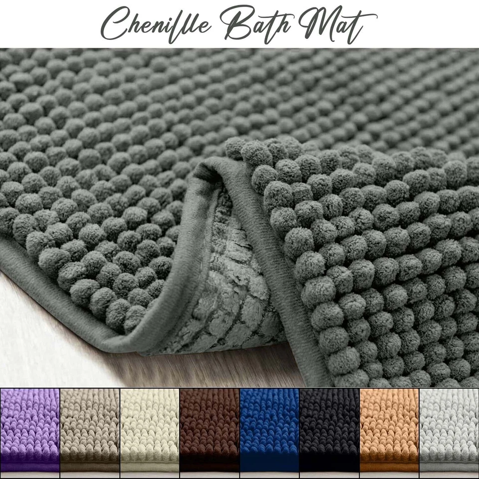 BOURNLONDON Chenille Bath Mat Non Slip Water Absorbent Machine Washable Soft Toilet Mat UK