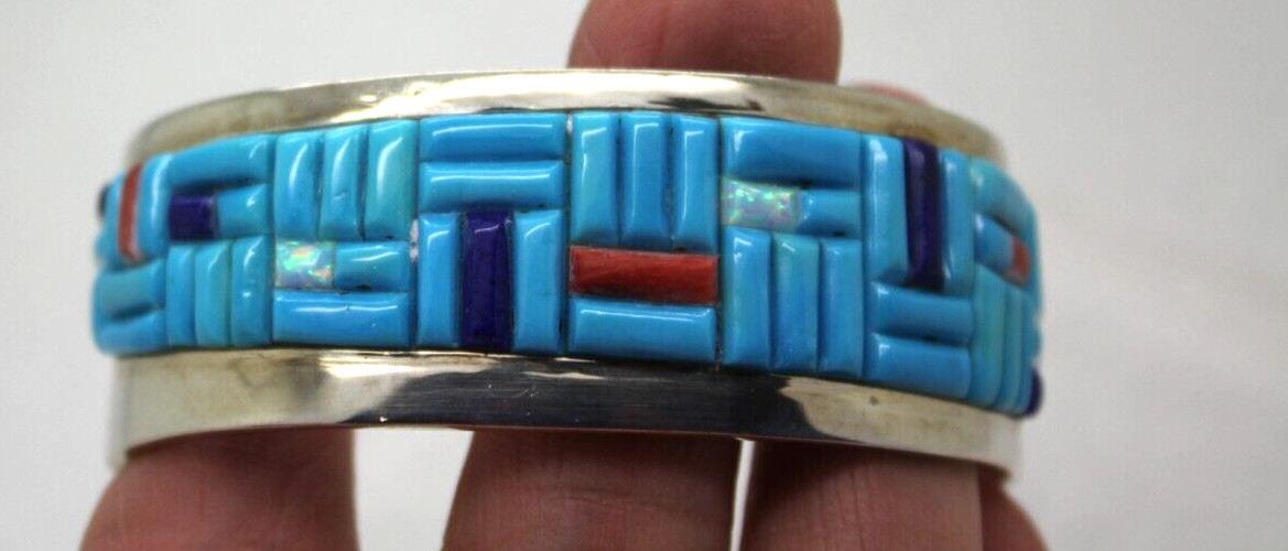 Signed .925 Sterling Silver MULTI STONE INLAY CUF… - image 1