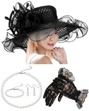 Derby Hat for Women 2026 Wide Brim Organza Sun Church Hat Set Feather Floral ...