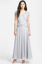 J Kara Embellished Bodice Chiffon A-Line Bodice Gown Sz 14 Silver