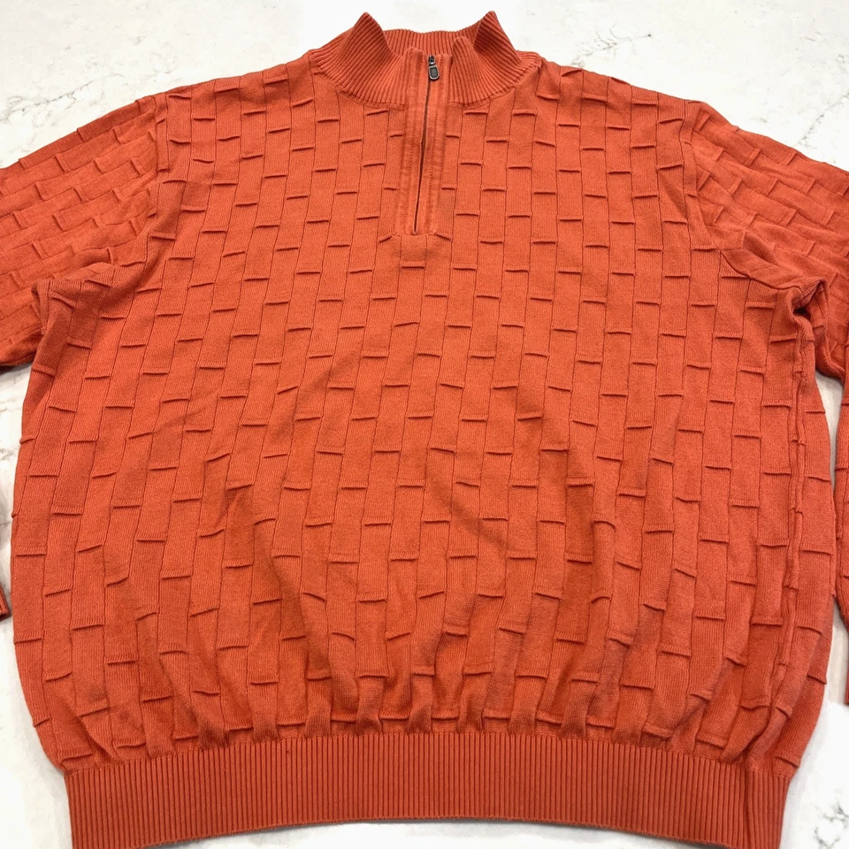 St Croix Shop Mens L 1/4 Zip Mock Neck Sweater Textured Coral Orange Made in USA - Image 3 of 4