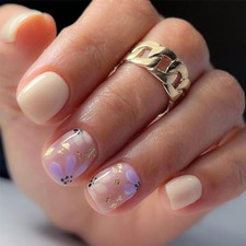 Press on Nails Short Fake Nails Cute Flower Acrylic Milky White Cute Flower