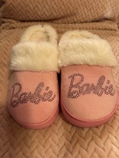 Mattel Barbie Pink Rhinestone Faux Fur Plush Slippers Slide womens 5 girls 3.5