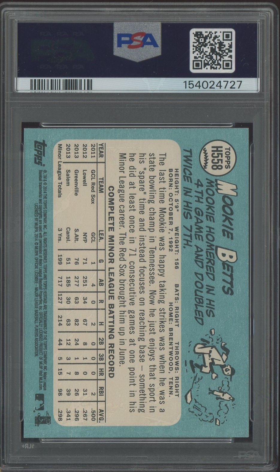 2014 Topps Heritage #H558 Mookie Betts Red Sox RC Rookie PSA 10 GEM MINT view 2