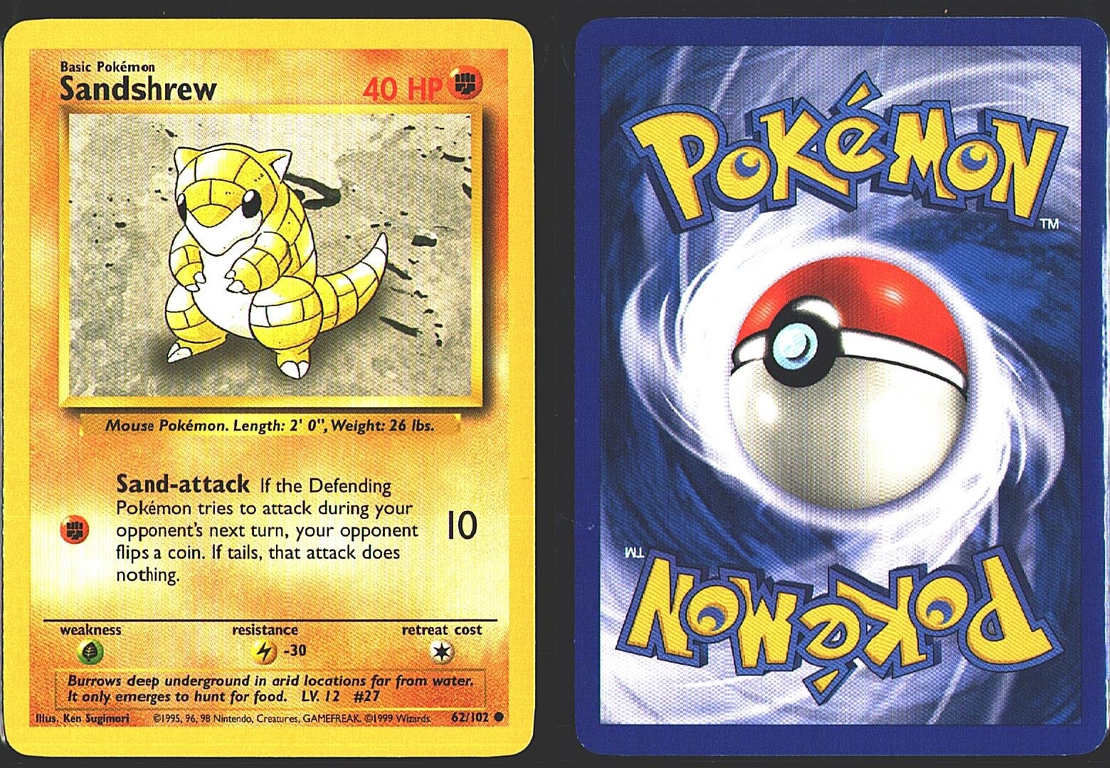 SANDSHREW 62/102 BASE SET 1999 POKEMON VINTAGE LP/LP+ O243