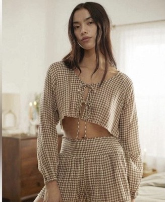 NWT Out From Under Tan Gingham Tie Front Blouse Puff Sleeve M Bows Coquette