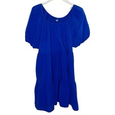 Old Navy XL Puff Sleeve Mini Tiered Sapphire Sky Cobalt Blue Dress Gauze Beach 