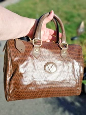 Mario VALENTINO Mini Boston Hand Bag PVC Leather Brown Authentic