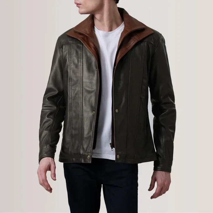 Forest Green Genuine Leather Jacket Classic Casual Winter Coat Button Front - product detail image 7