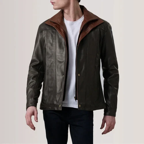 Forest Green Genuine Leather Jacket Classic Casual Winter Coat Button Front image 7