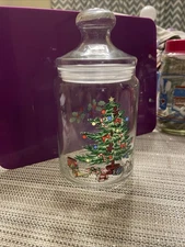Luminarc Holiday Glass Christmas Tree Holly Toys Apothecary Candy Jar Vintage 9”
