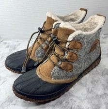 Sorel Out N About Plus Boots Womens 6 Gray Tan Wool Leather Waterproof Duck Rain