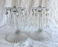2 glass candlesticks with crystal tear drop bobeches