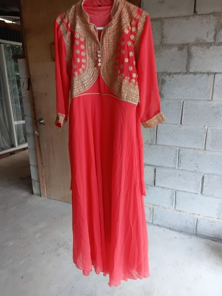 Coral Gown with Embroidered Jacket good for weddings Eid, Diwali celebration