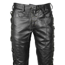 Men's Black Lace Up Leather Pants Gothic Rock Style Slim Fit Biker Leather Pants