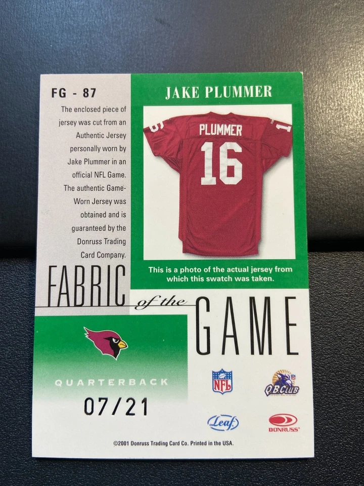 2001 Leaf Certified Materials Fabric of the Game Jake Plummer /21 2 color patch - Image 2 of 2